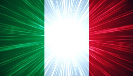 Italian flag with bright rays of light illuminating from the center.