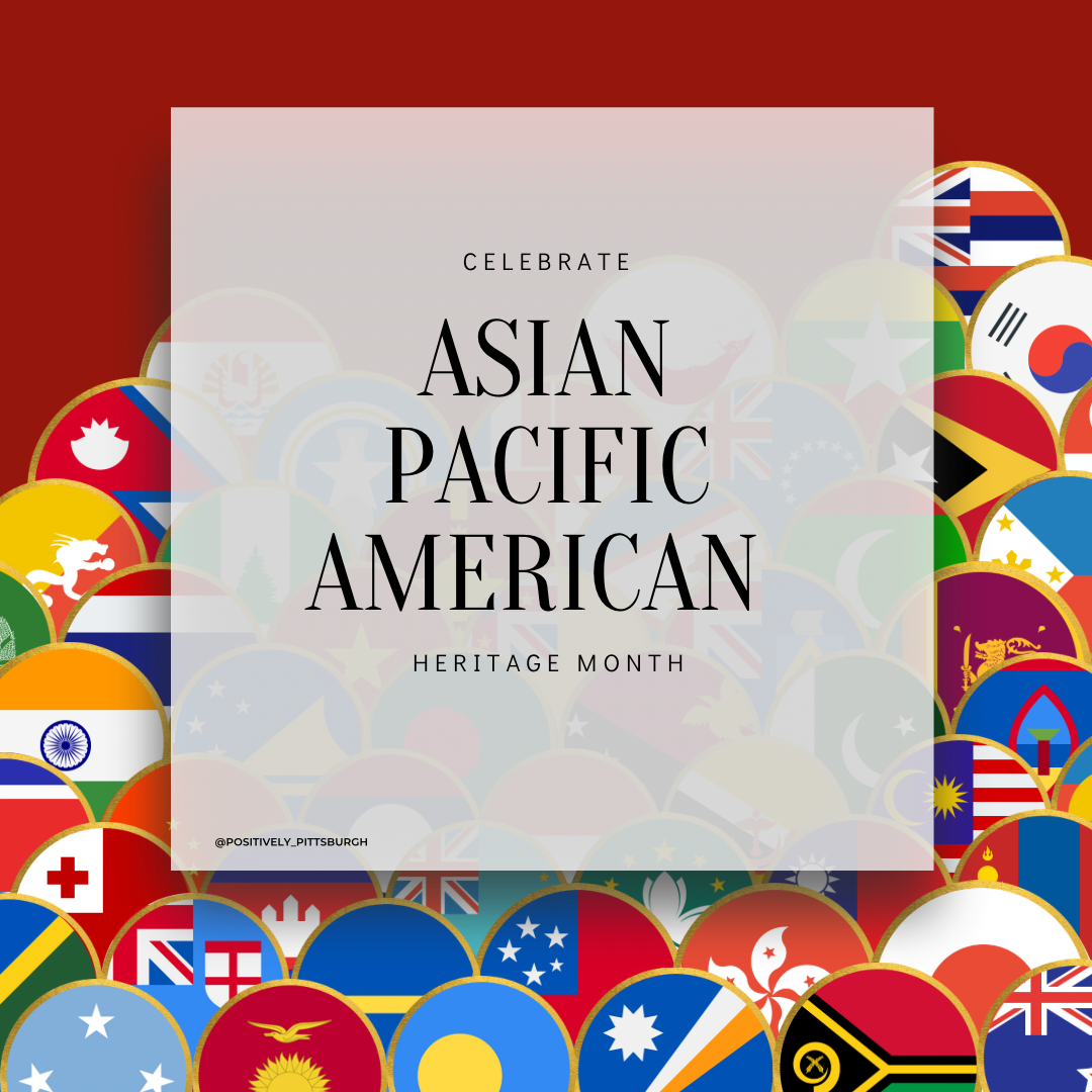 A dark red background is filled with overlapping gold rimmed circle medallions that are the flags for the countries included in Asian Pacific American Month.