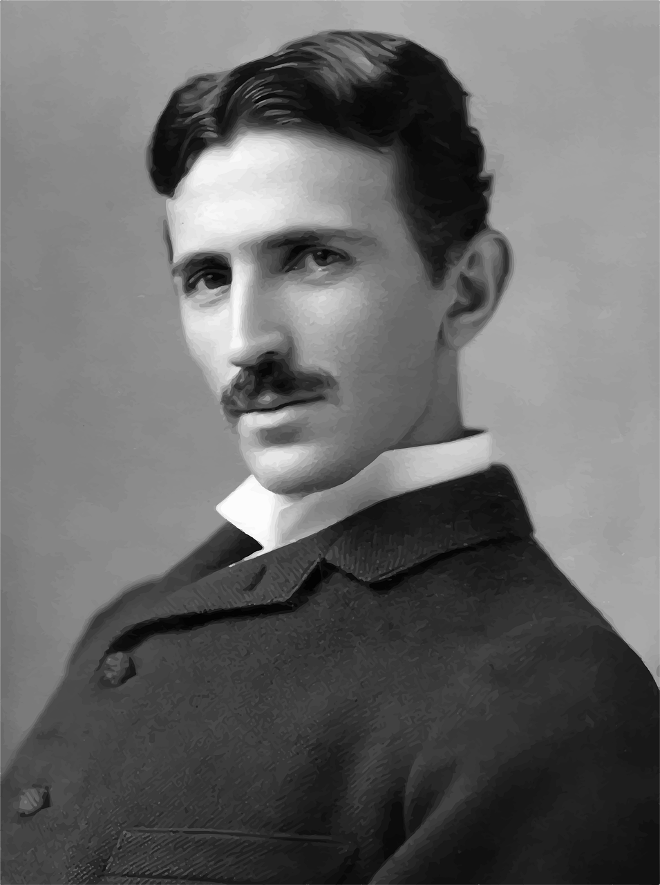 Black and white portrait photograph of a dark haired man with a mustache looking into the camera at a 3/4 view. The man is Nikola Tesla.