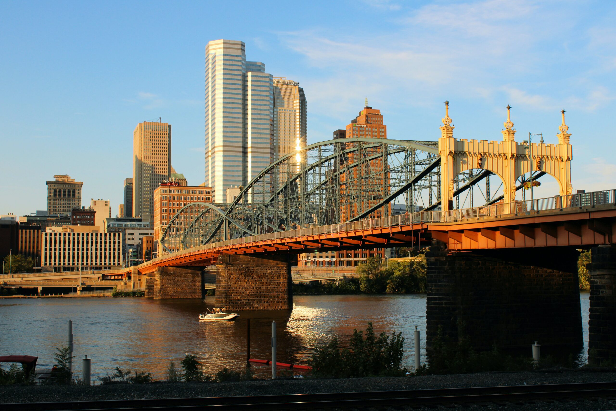 Image of the Smithfield Street Bridge with the Pittsburgh skyline in the background.