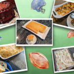 Five images show different food items for a tailgating party, including cakes and casseroles.