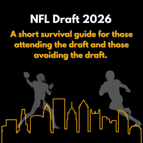 Image showing skyline of Pittsburgh with silhouettes of two football players above. Words say NFL Draft 2026 A short survival guide for those attending the draft and those avoiding the draft.